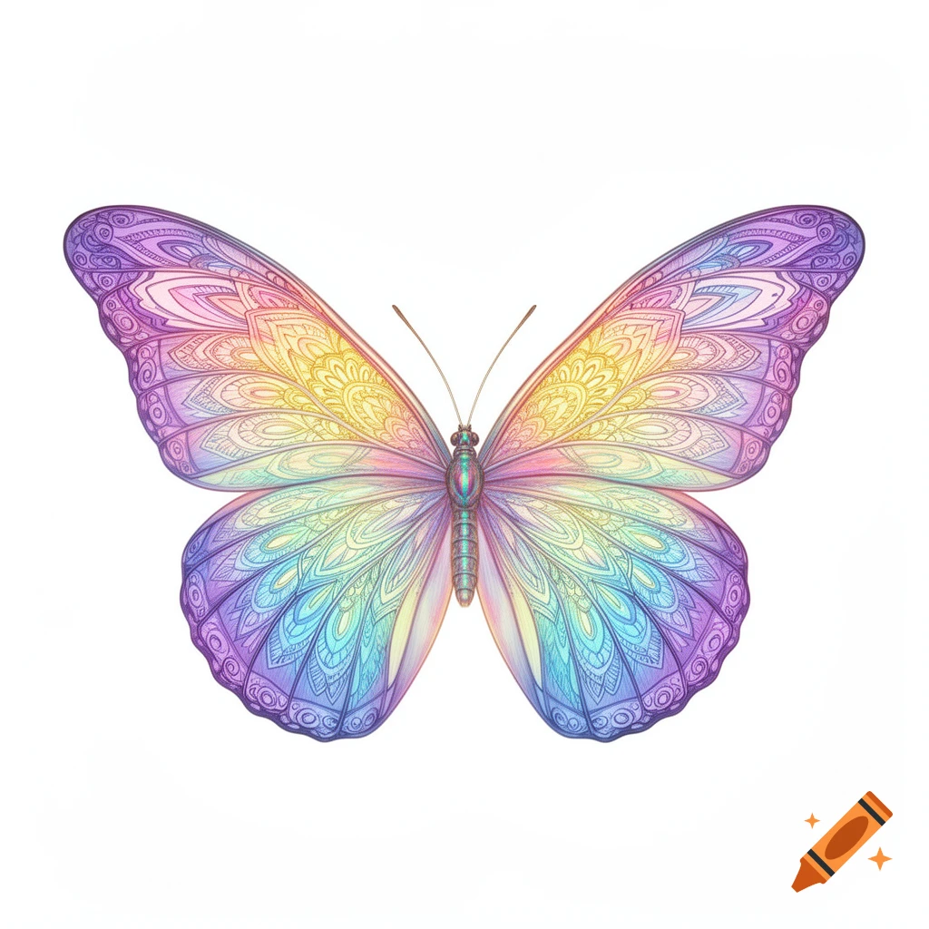 A brightly colored butterfly with rainbow-like wings featuring intricate mandala patterns, on a white background.