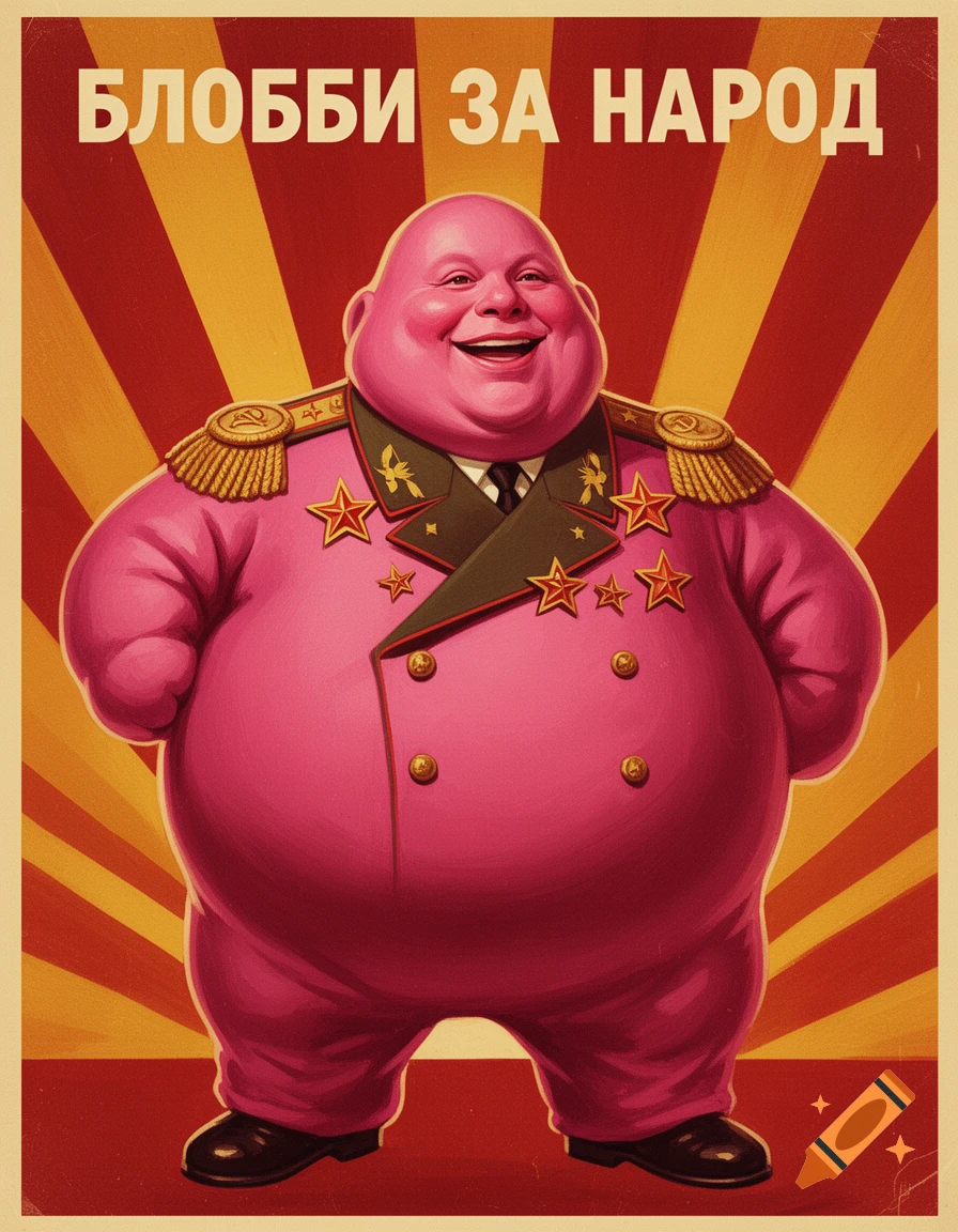 Mr. Blobby as a smiling, rotund communist general in a Soviet-style propaganda poster with red and gold sunburst. Text: 'BLOBBY FOR THE PEOPLE'.