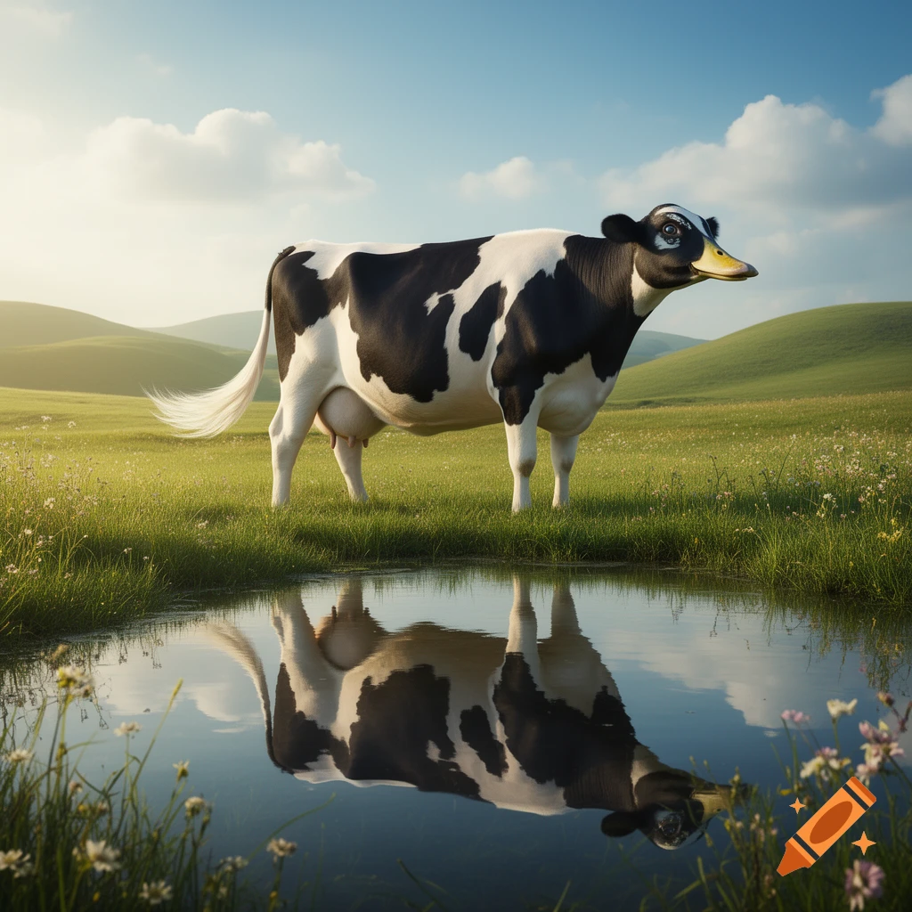 A photorealistic image of a black and white cow with a duck's head and yellow beak standing in a green field by a pond.