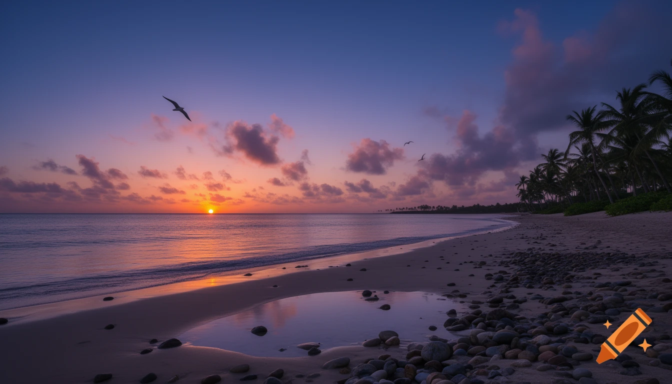 Photorealistic image of a tropical beach at sunset with palm trees, gentle waves, and birds flying in the colorful sky.