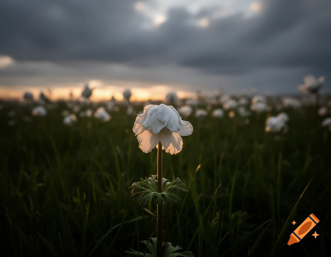 A single wilting white flower glows with golden light in a dark, dreamy field of flowers under a dramatic sunset sky.