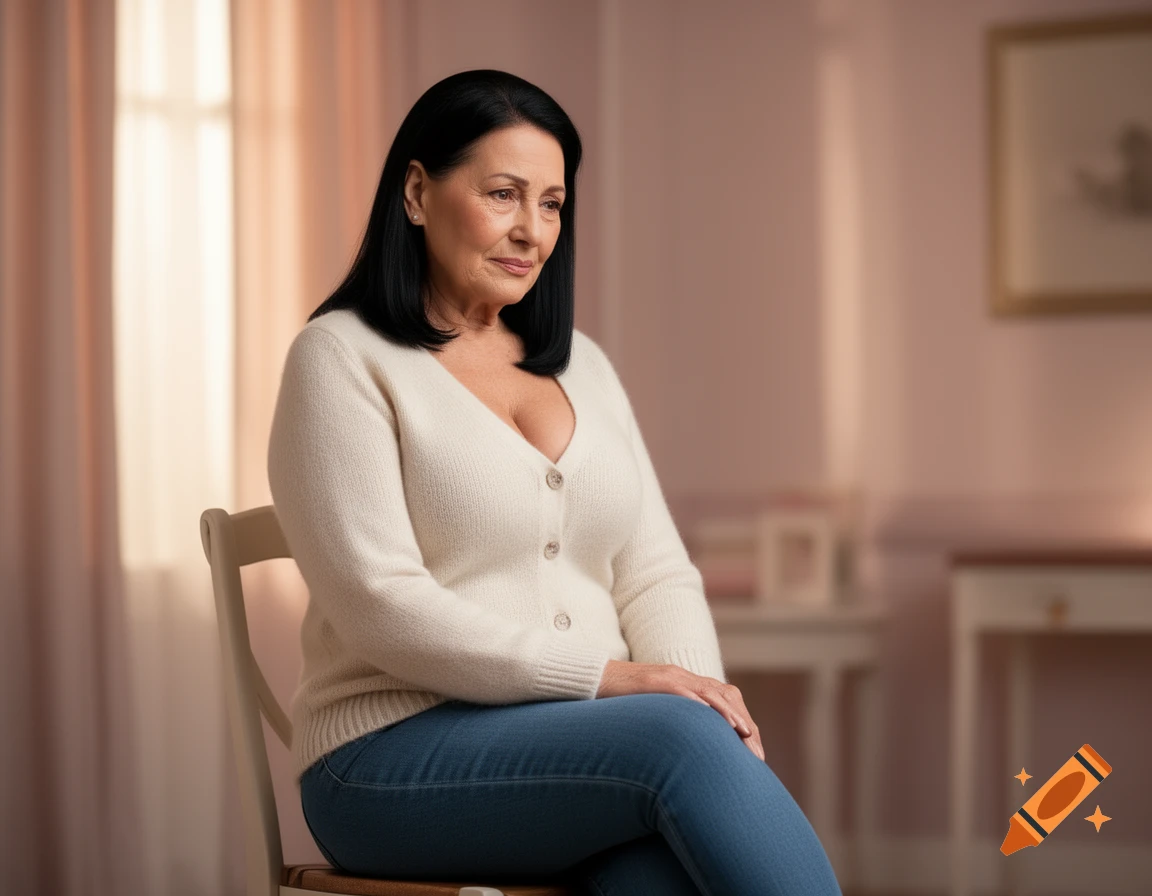 A photorealistic image of an older woman with dark hair, wearing a white cardigan and blue jeans, sitting in a pastel-colored room.