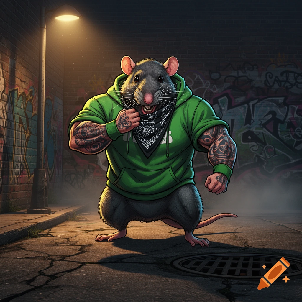 A muscular rat wearing a green hoodie and bandana stands in a graffiti-filled alley under a street lamp in a cartoon style.