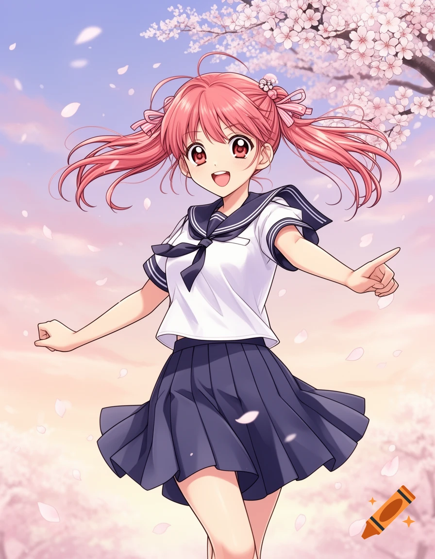 Anime girl with pink pigtails, red eyes, smiling in a sailor uniform, surrounded by cherry blossoms and falling petals.