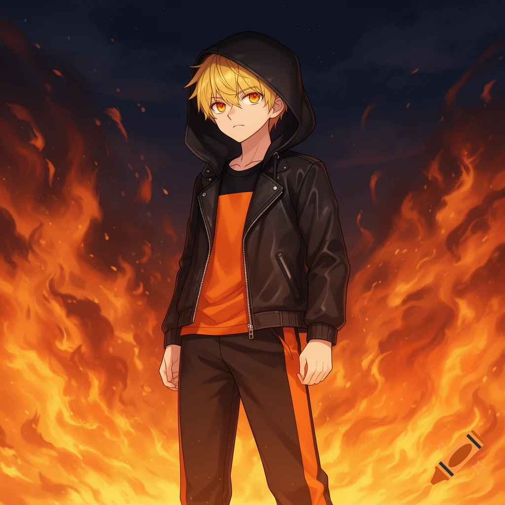 An anime boy with blonde hair and glowing orange eyes, wearing a black hoodie and leather jacket, stands before roaring orange flames at night.