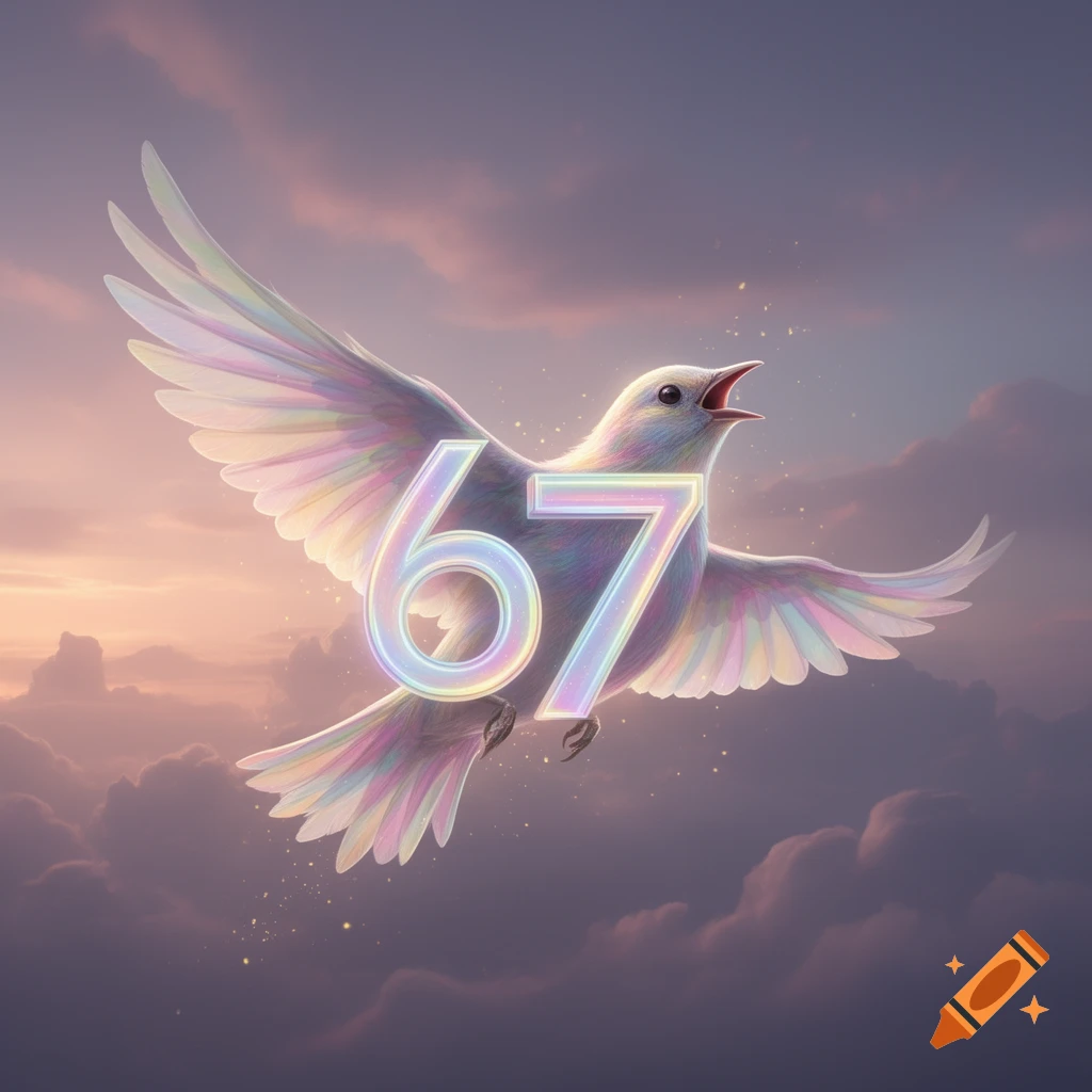 An iridescent bird with numbers 67 on its chest flies through a pastel, cloudy sky with its mouth open, bathed in sunset hues.