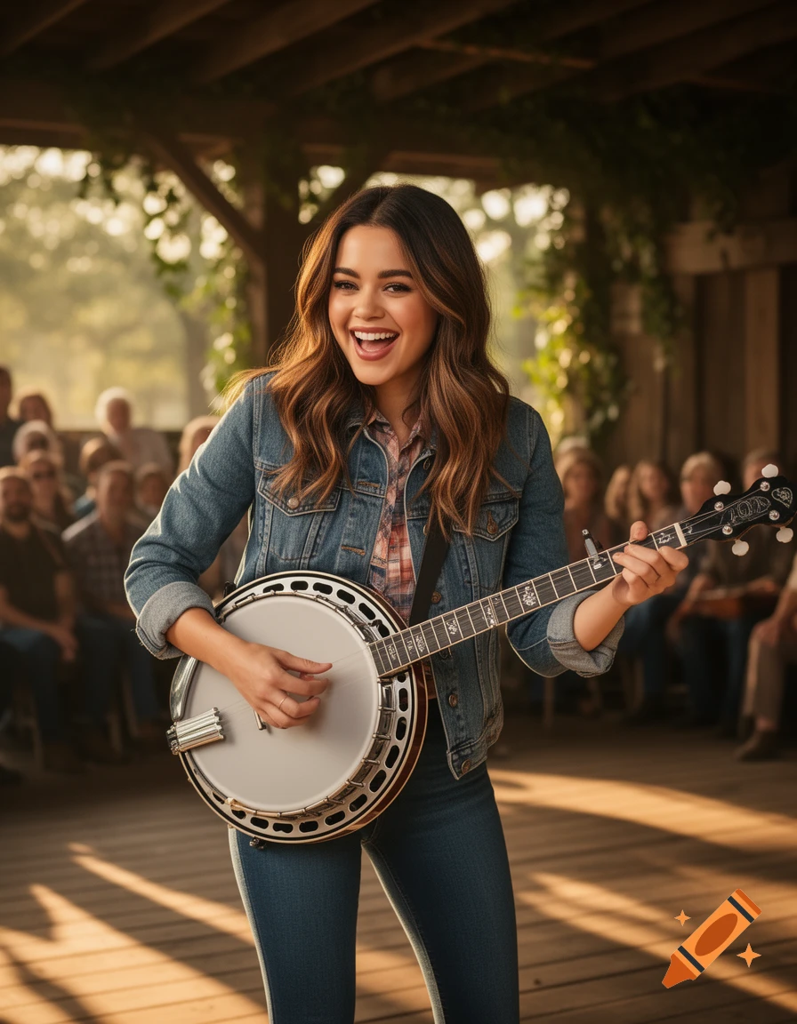 A smiling woman in a denim jacket plays a banjo for an audience outdoors, in a photorealistic style.