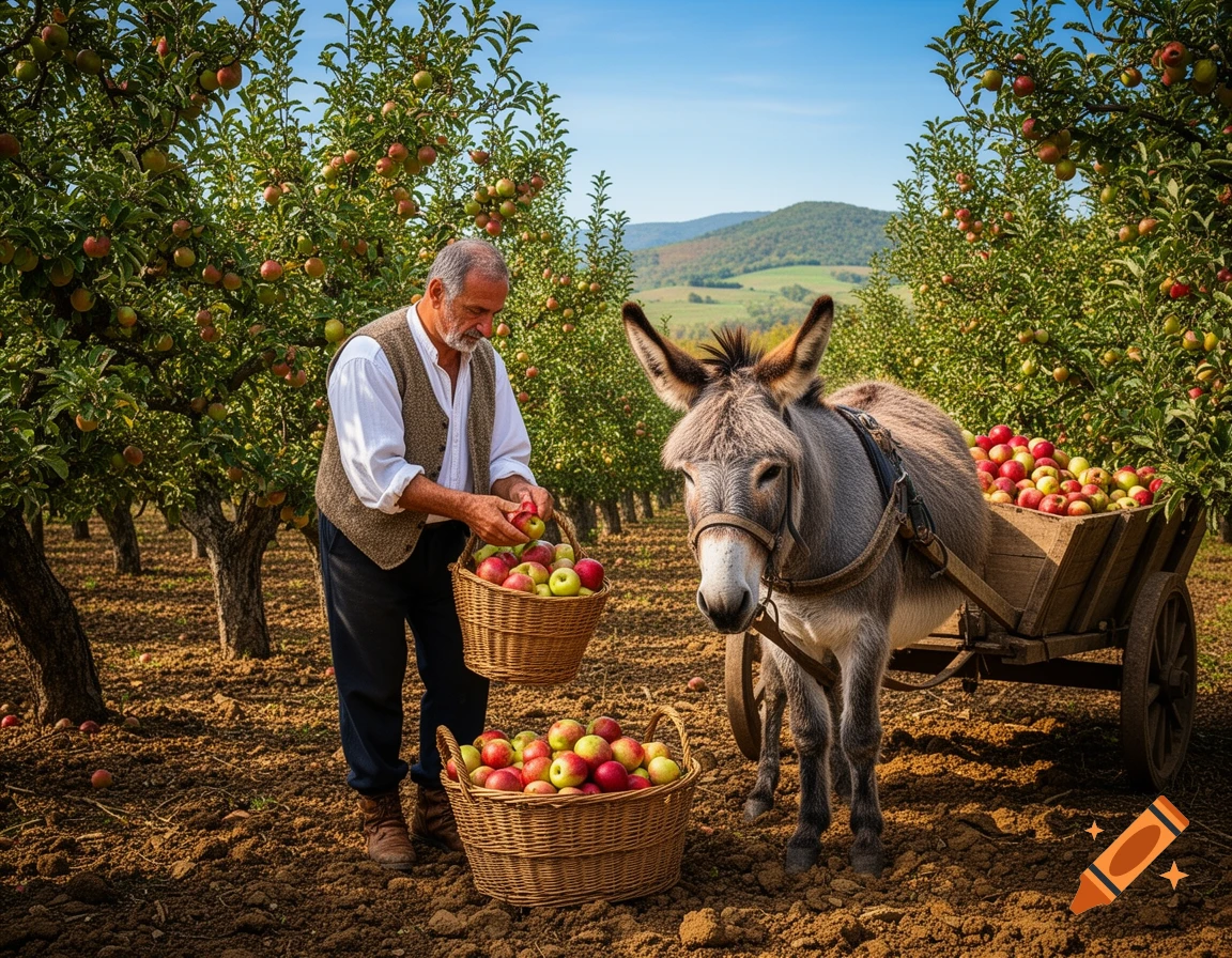 A man in an apple orchard fills baskets with red apples, while a donkey stands patiently beside a cart filled with apples. Photorealistic.