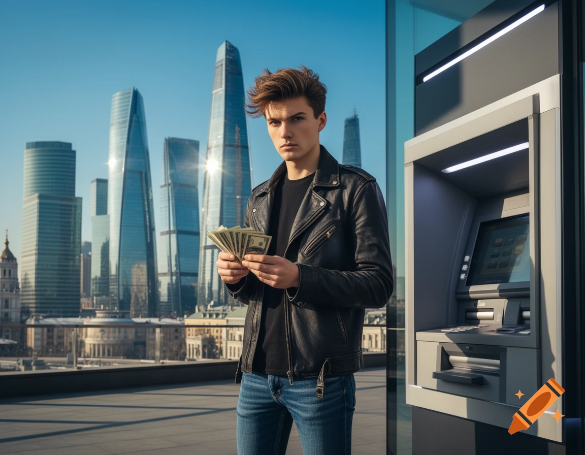 A young man in a leather jacket holds cash near an ATM, with modern skyscrapers in the background under a blue sky.