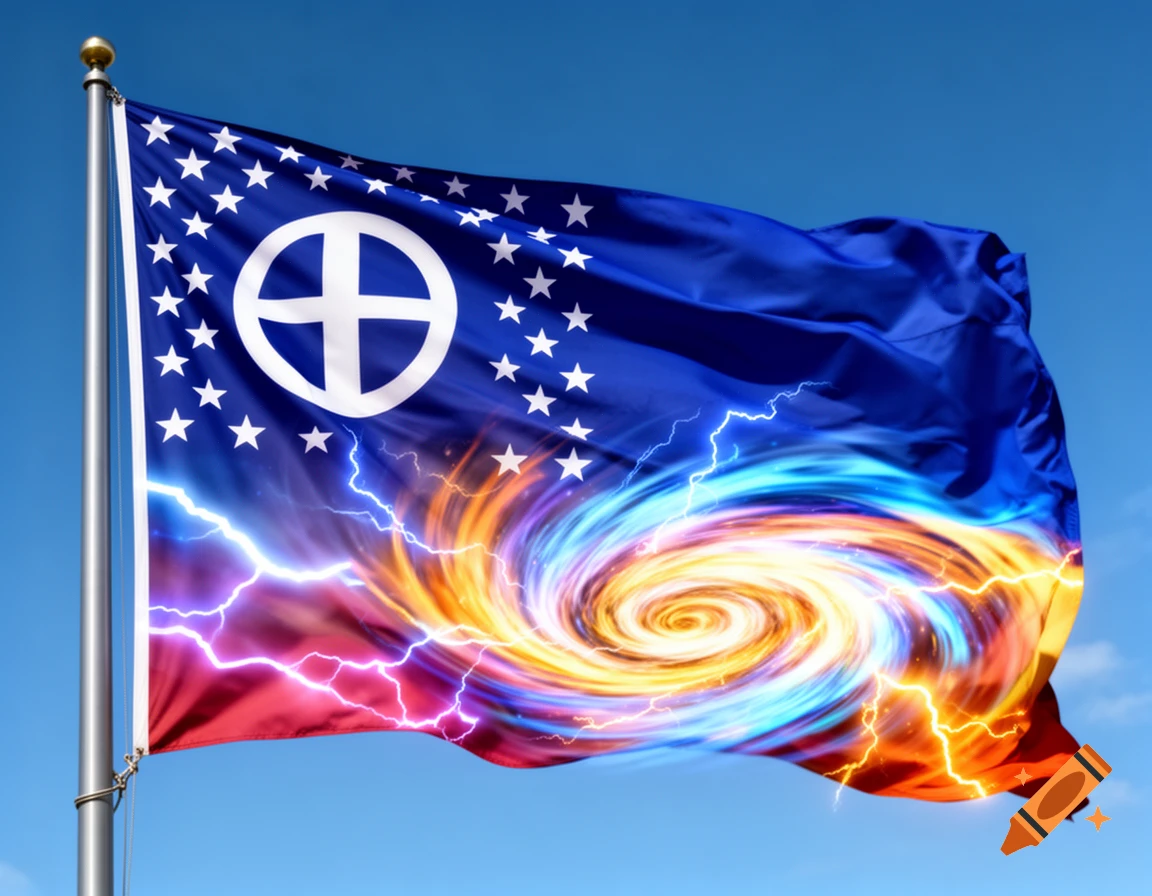 A stylized flag with a blue top featuring white stars and a circular cross, and a red bottom with a swirling orange and blue vortex and white lightning bolts.