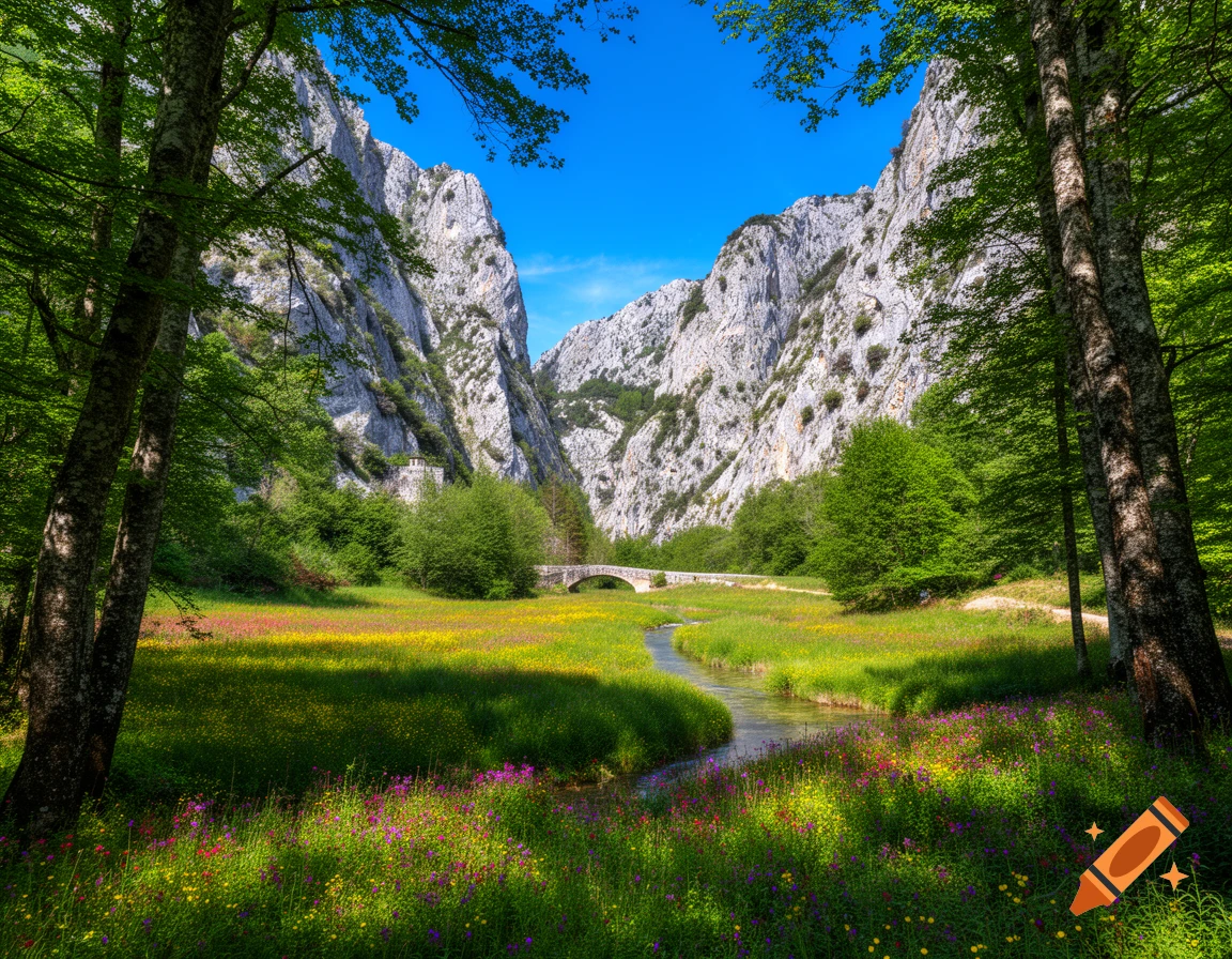 A vibrant valley scene with a winding river, stone bridge, lush trees, and colorful wildflowers flanked by towering white mountains under a clear blue sky.