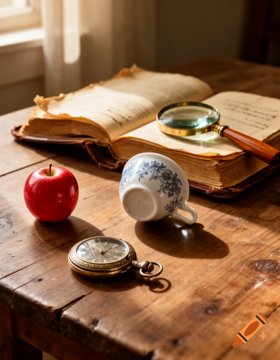 A still life on a wooden table with an open antique book, a magnifying glass, a red apple, a floral teacup, and a pocket watch.