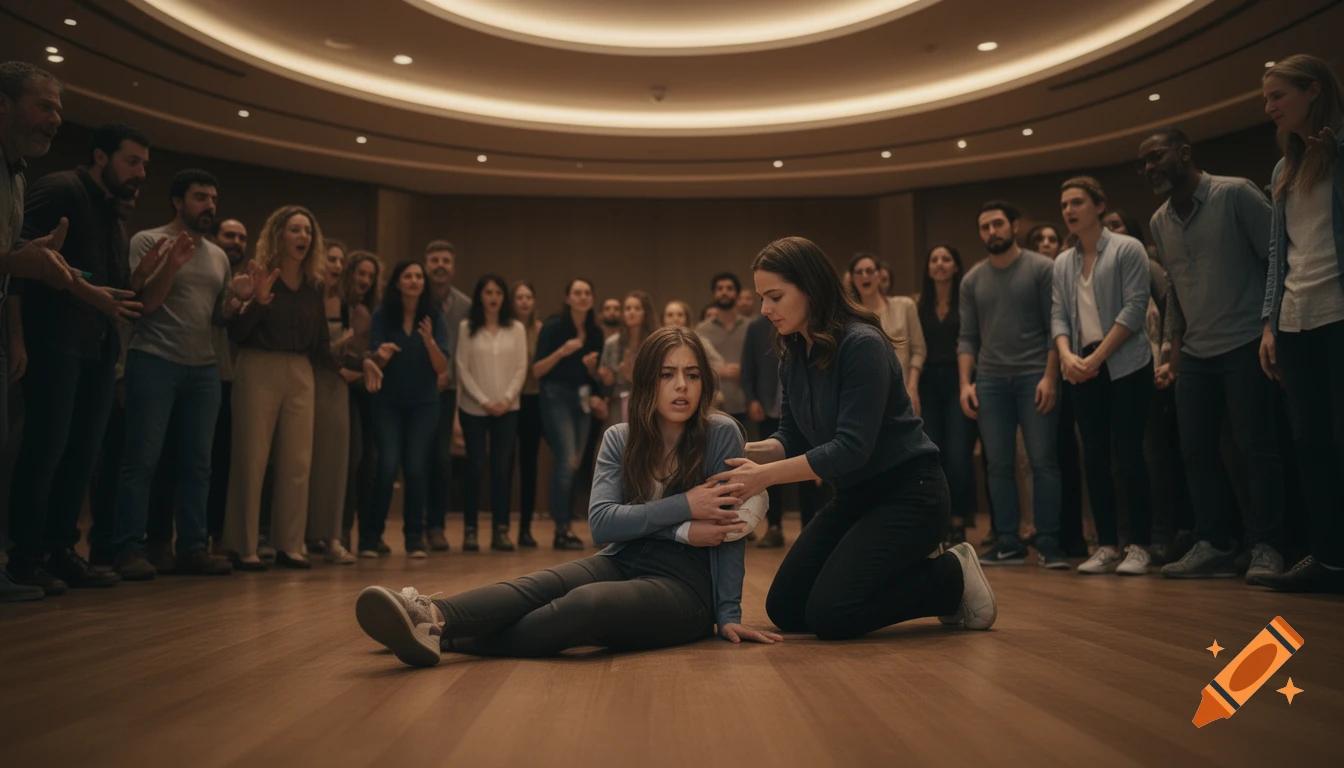 A woman helps another woman on the floor in a public event hall, surrounded by a concerned crowd. Photorealistic style.