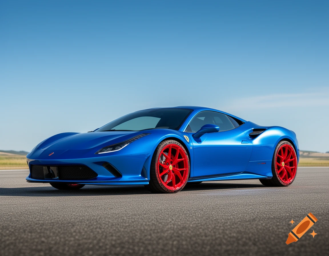 A gleaming blue sports car with vibrant red wheels parked on an asphalt track under a clear blue sky.