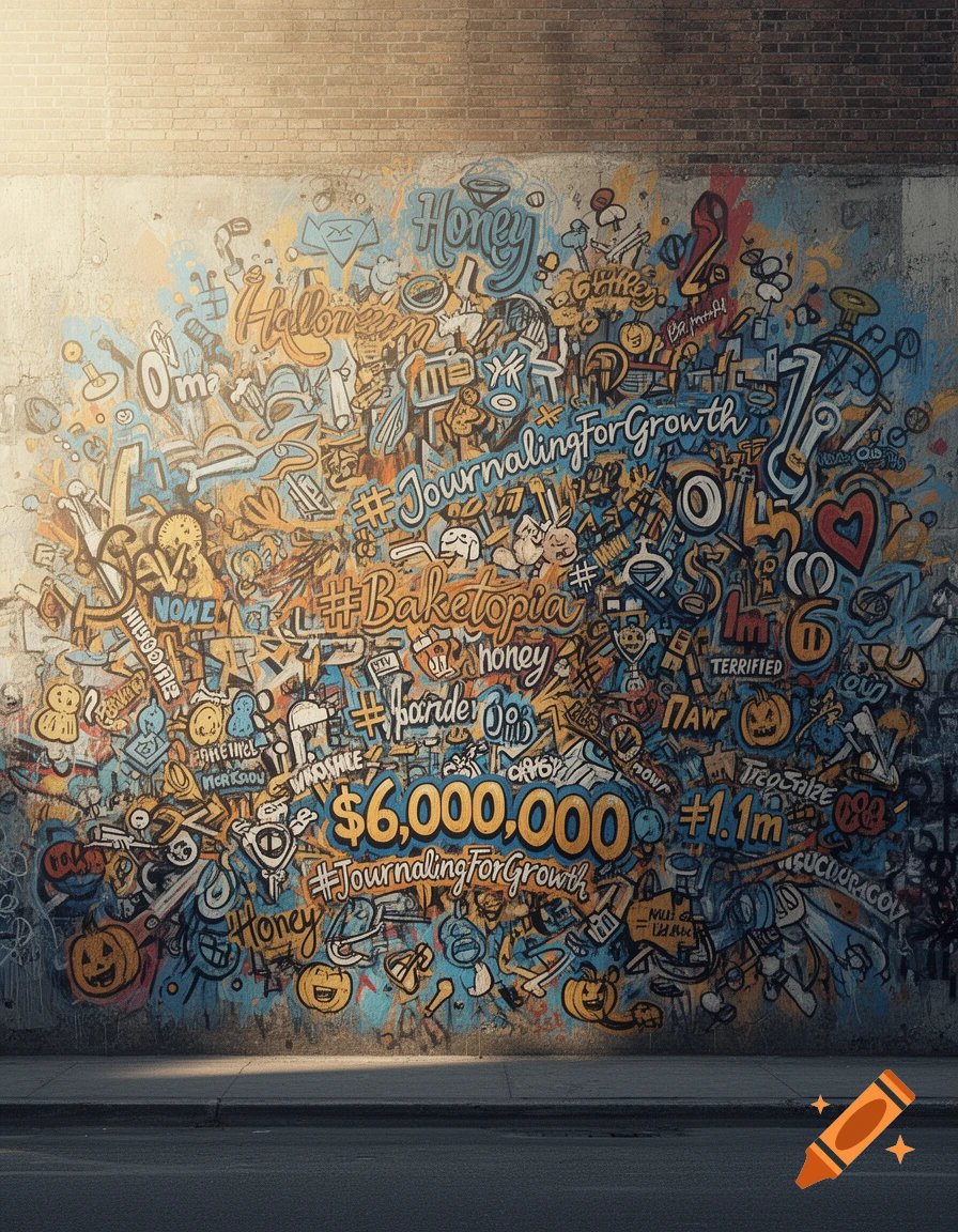 A vibrant street art mural on a concrete wall, filled with colorful graffiti words, numbers, and playful doodles under sunlight.