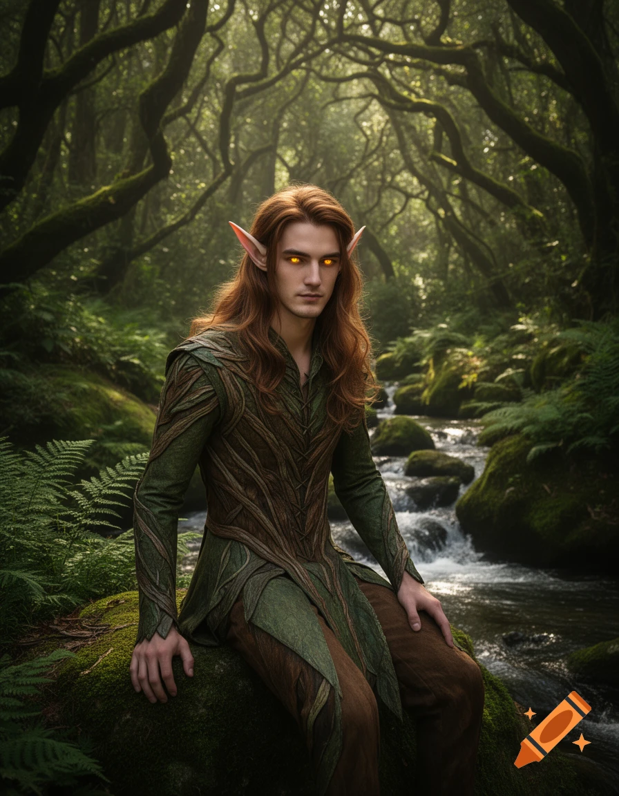 A male elf with long red hair and glowing golden eyes sits on a mossy rock in a lush, misty forest next to a stream. He wears an intricate green and brown tunic.
