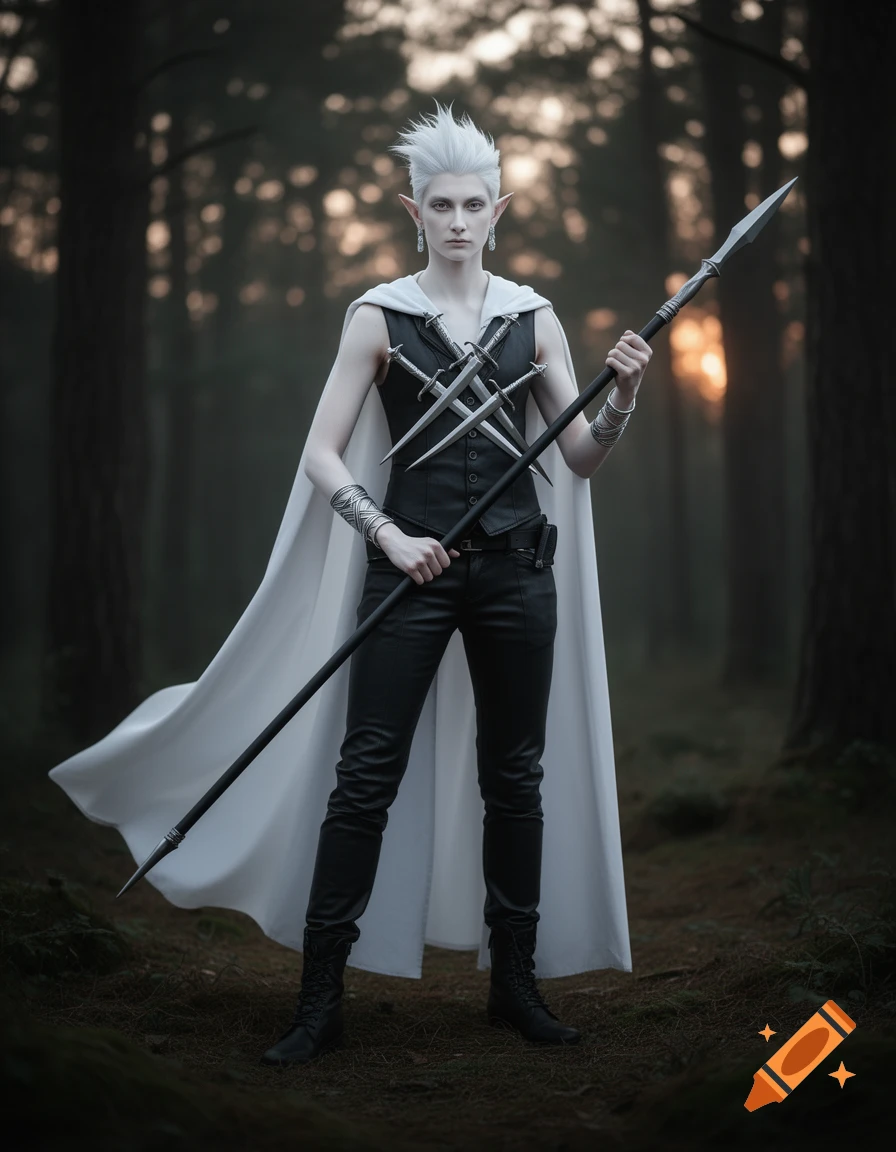 A photorealistic image of a pale-skinned elf with white hair, wearing a black vest, pants, and white cloak, holding a spear in a forest.