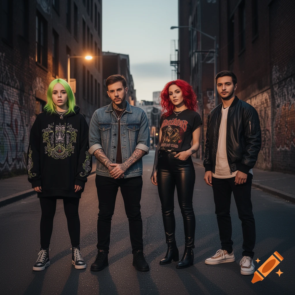 Four young adults, two men and two women, pose in an urban alleyway with graffiti-covered walls at dusk, in a photorealistic style.