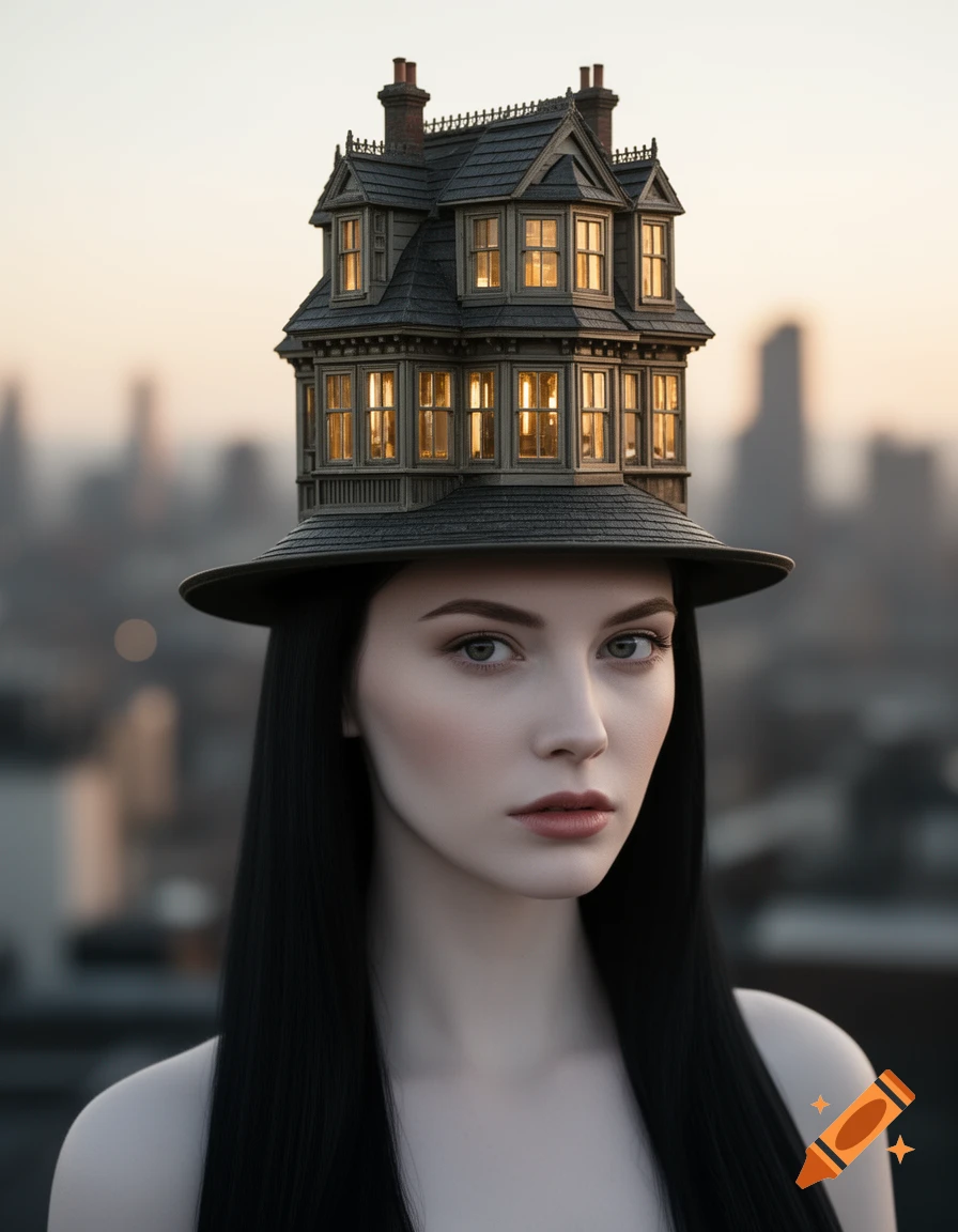 Photorealistic portrait of a woman wearing a dark, elaborate house-shaped hat with glowing windows, against a blurred city skyline.