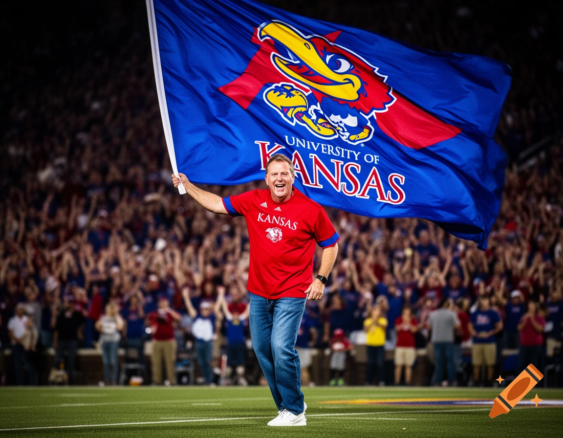A man in a red shirt waves a large University of Kansas flag on a football field in front of a cheering crowd.