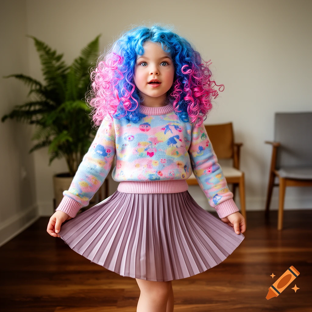 A young child with blue and pink curly hair wears a colorful pastel sweater and a purple pleated skirt, standing indoors.