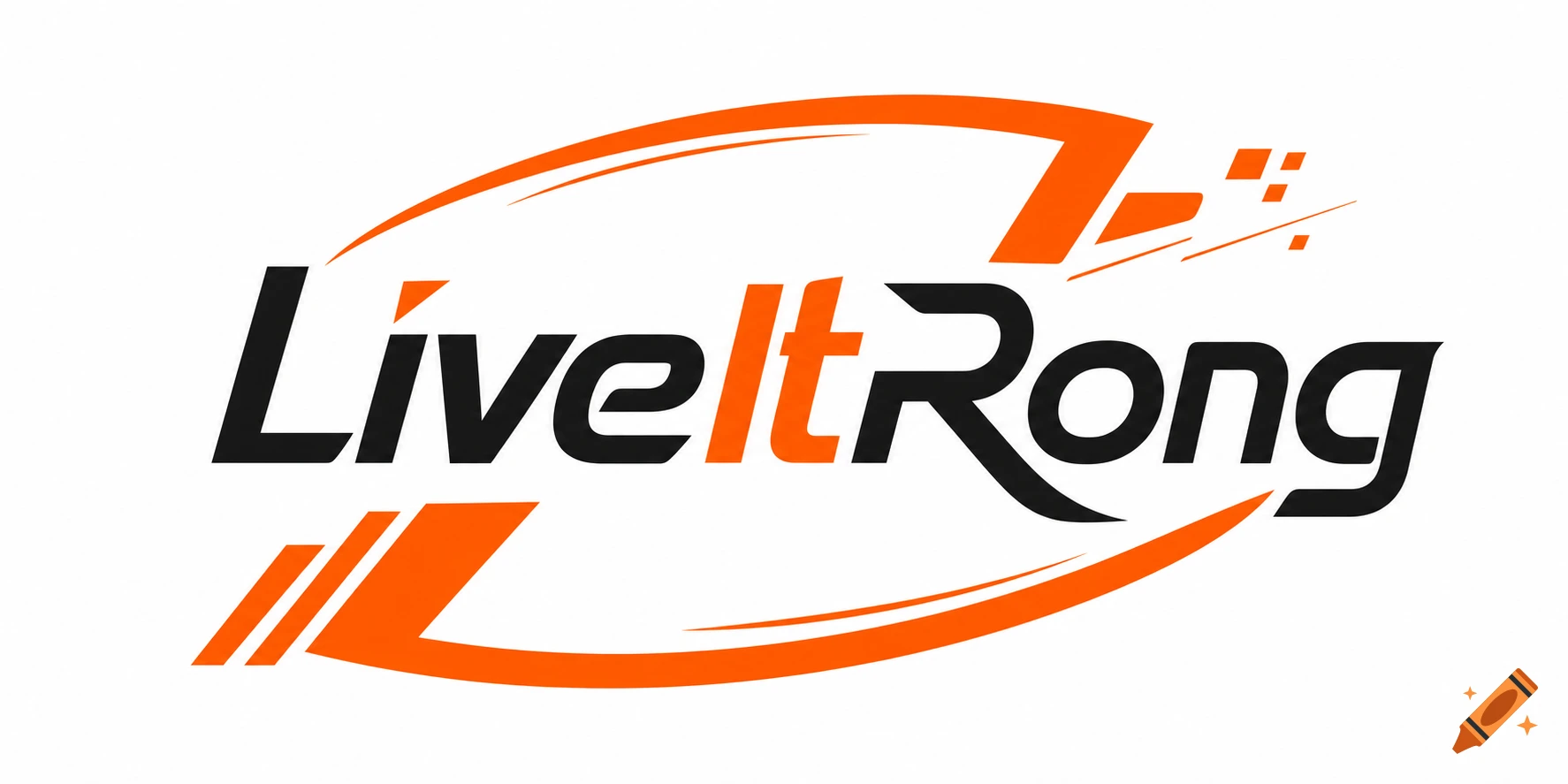 A logo with 'LiveItRong' in black and orange text, surrounded by sweeping orange abstract shapes on a white background.