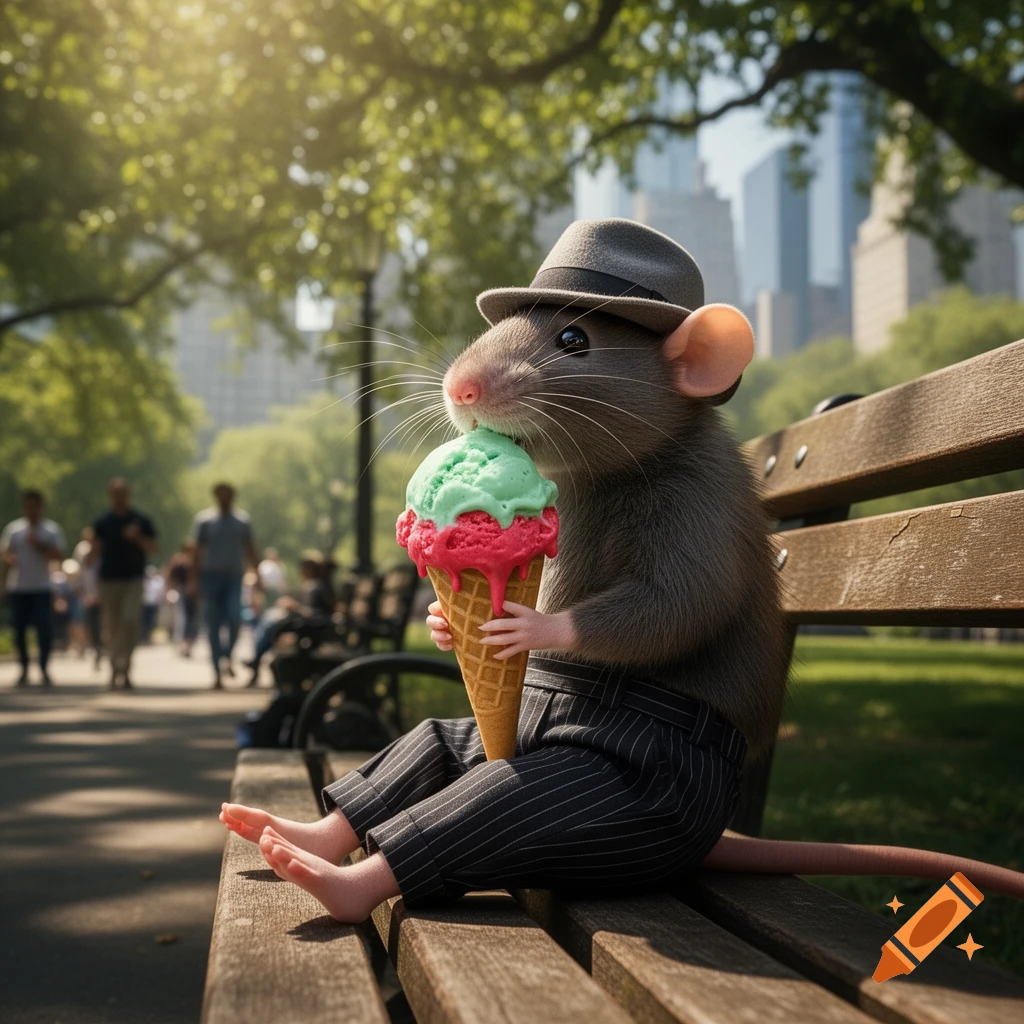 A photorealistic anthropomorphic rat in a fedora and pinstripe pants sits on a park bench, enjoying a large ice cream cone.
