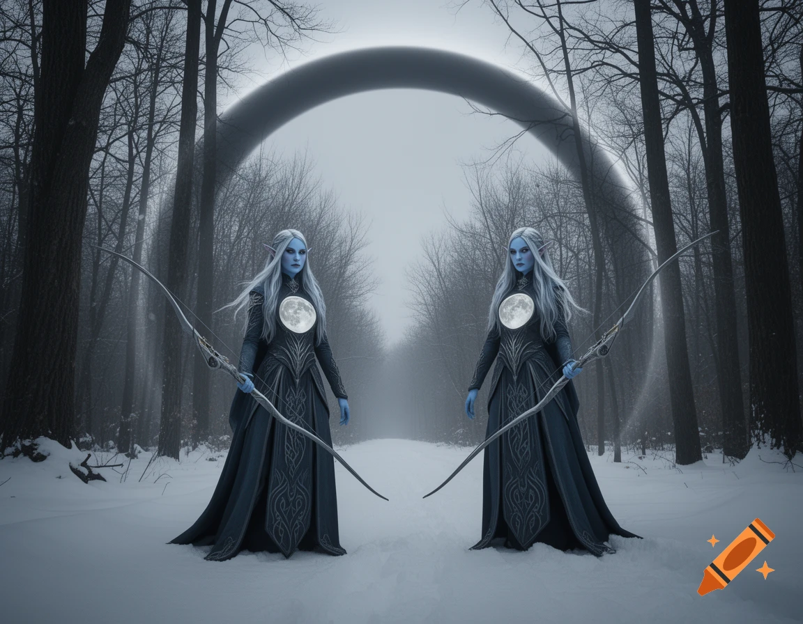 Two twin blue-skinned female elf archers with silver hair, holding bows, stand in a snowy winter forest under a dark moonbow, looking realistic.