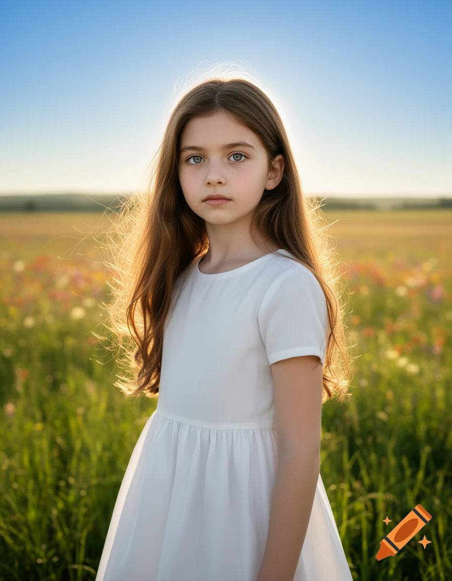 A photorealistic portrait of a young girl with long brown hair and blue eyes, wearing a white dress, standing in a sunlit field.