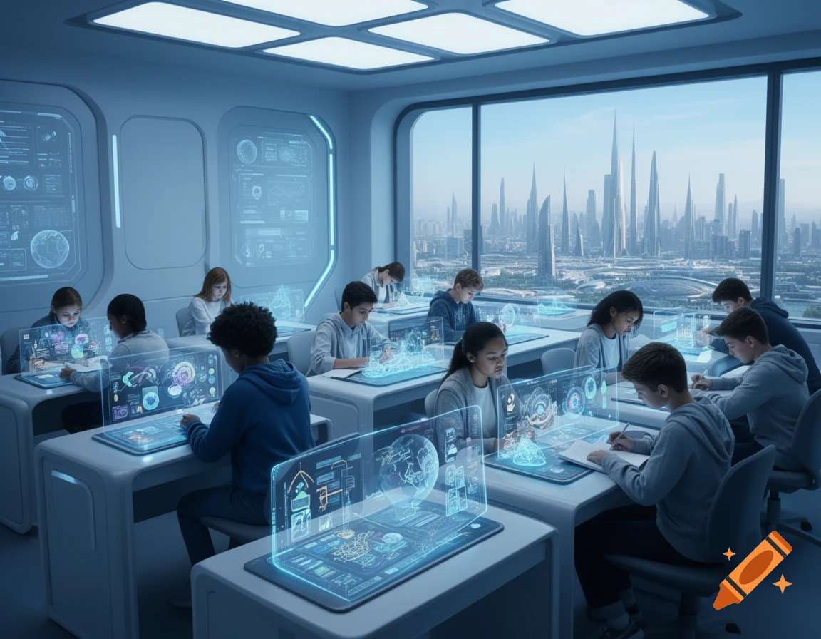 Students study in a futuristic classroom with holographic displays, overlooking a sprawling modern city.