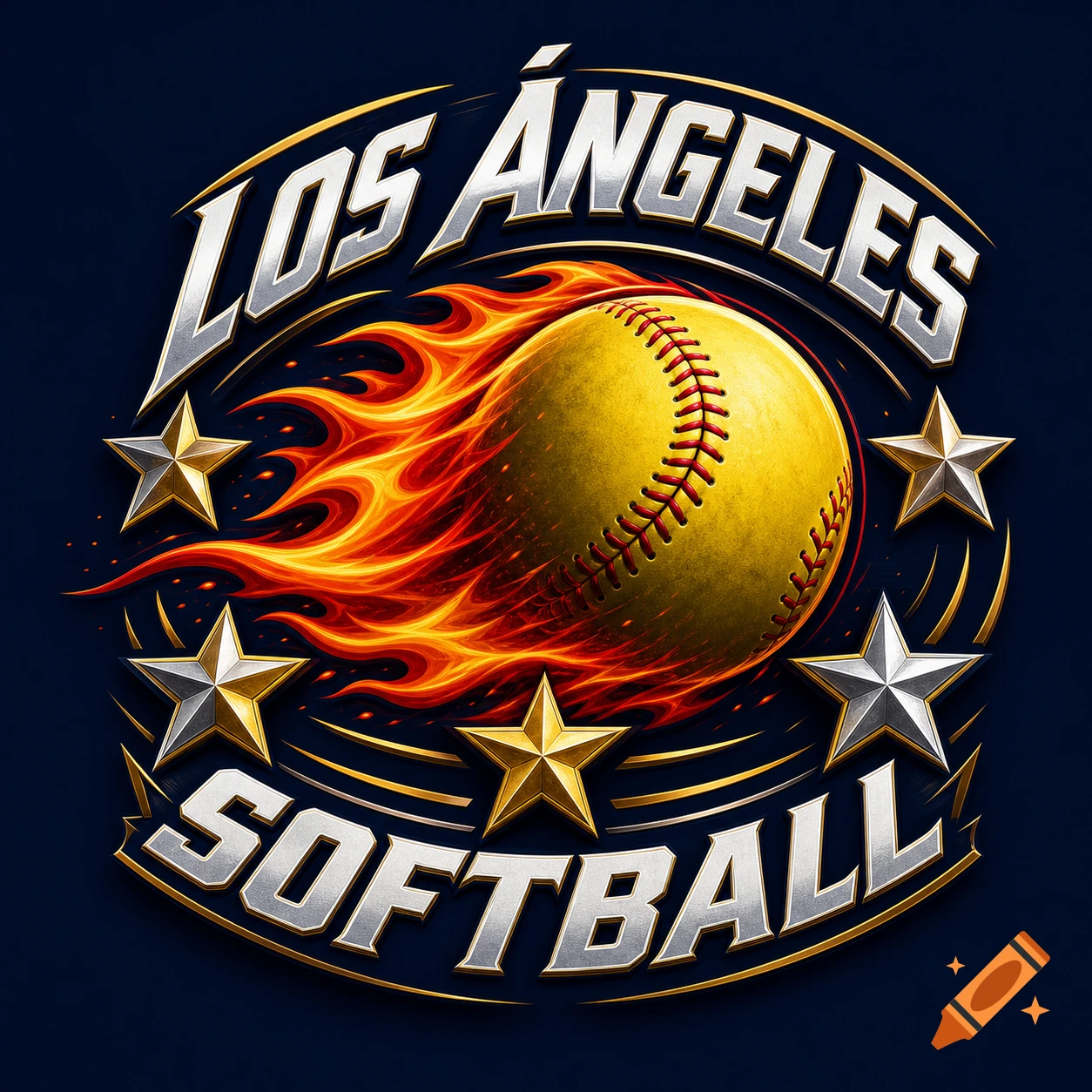 Dynamic logo for Los Ángeles Softball featuring a flaming yellow softball, metallic text, and stars.