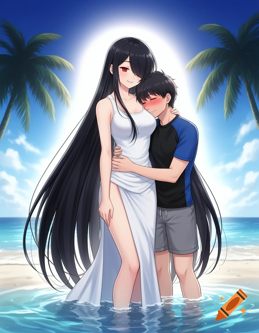 Anime illustration of a tall woman in a white dress being hugged by a man on a sunny beach.