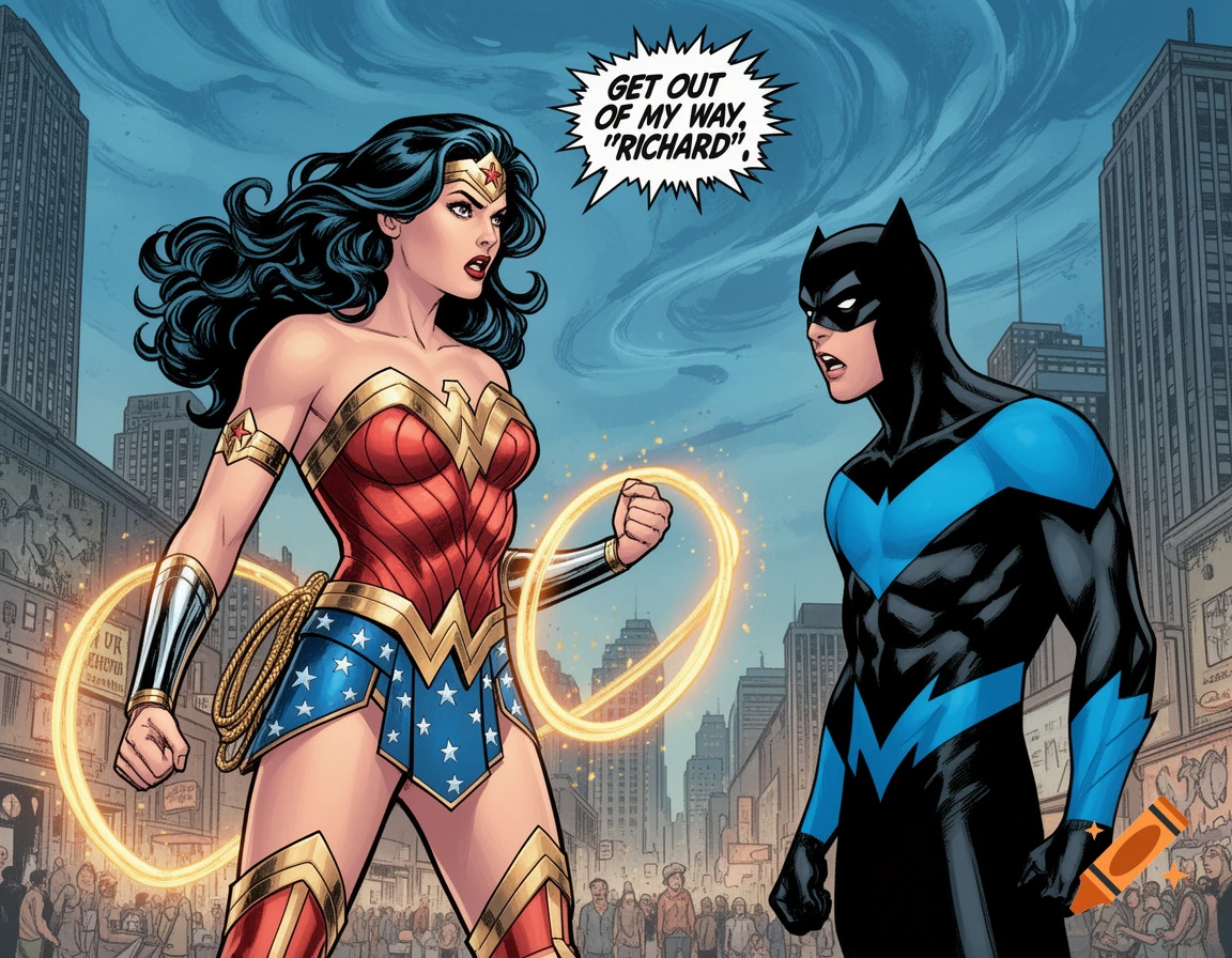 Comic book art of Wonder Woman confronting Nightwing in a city street, telling him to "GET OUT OF MY WAY, "RICHARD"". The style is vibrant and detailed.