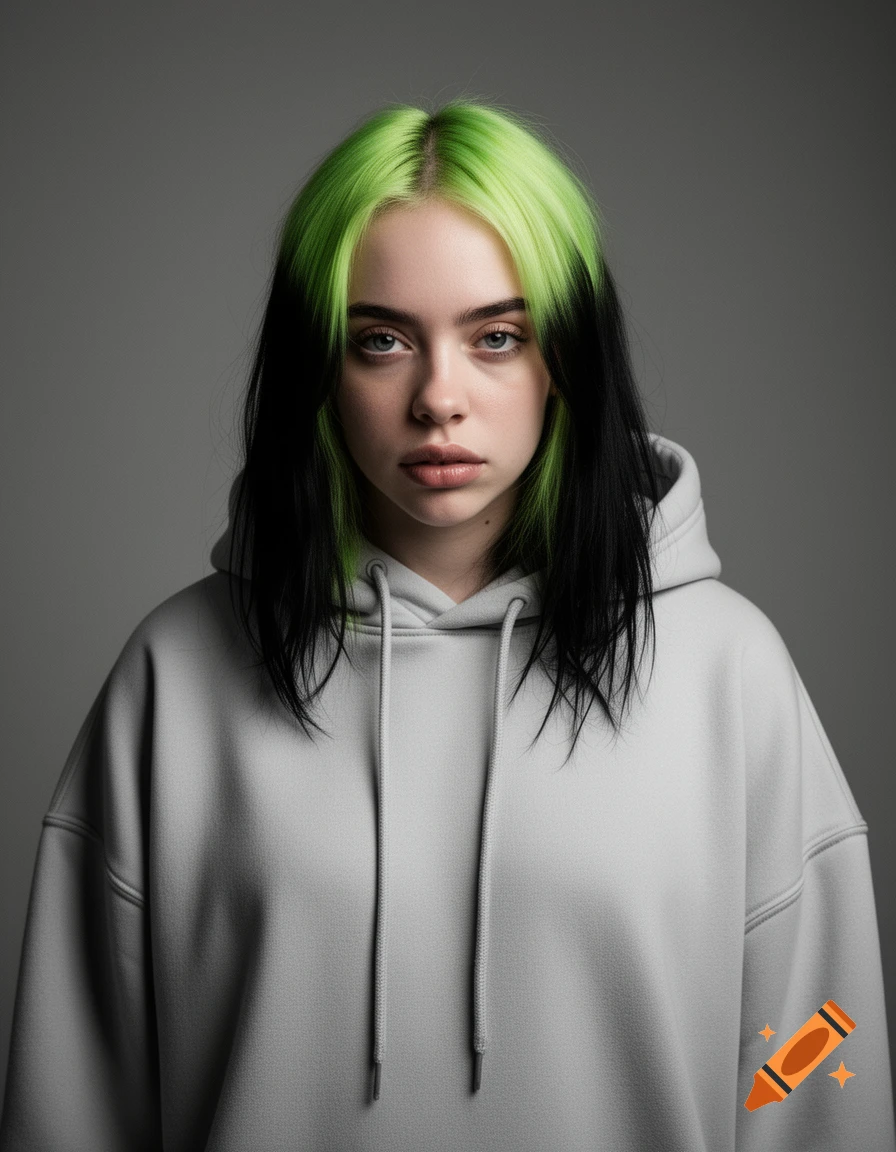 A front-facing portrait of Billie Eilish with black and neon green hair, wearing a light grey hoodie.