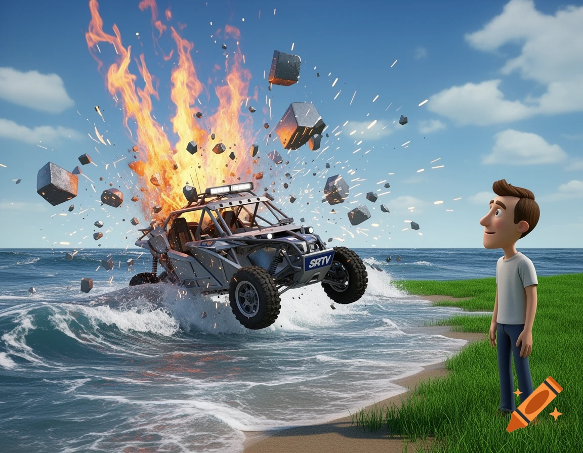 Cartoon man watches a silver buggy explode in the ocean near a grassy beach under a blue sky.