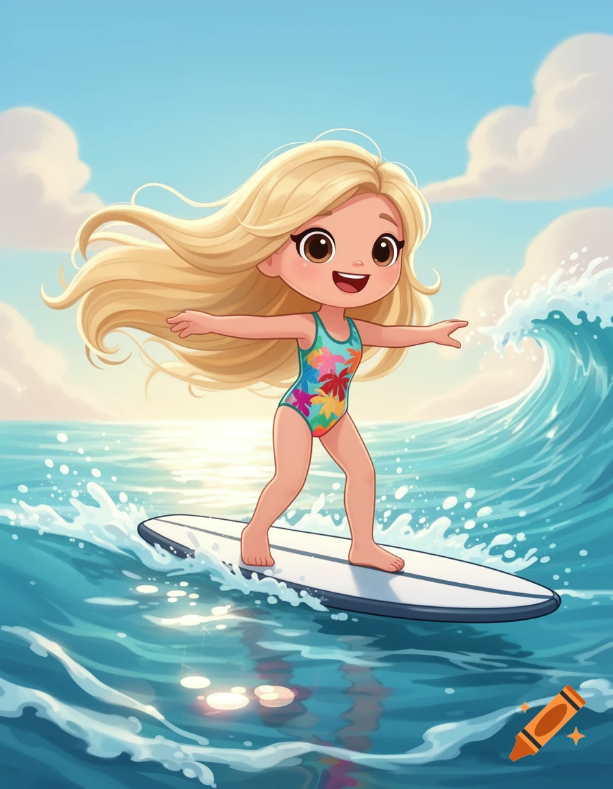 Cartoon girl with blonde hair surfing a wave on a surfboard, wearing a colorful swimsuit.