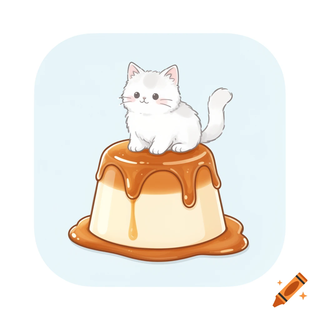 A cute, minimalist digital illustration of a fluffy white cat sitting on a caramel pudding with light blue background.