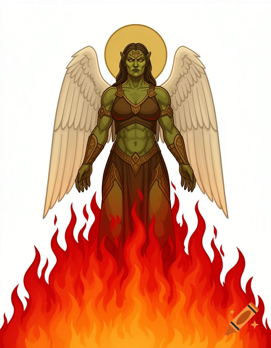Illustrated green-skinned female ogre with white angel wings and a halo, rising from bright red and orange flames.