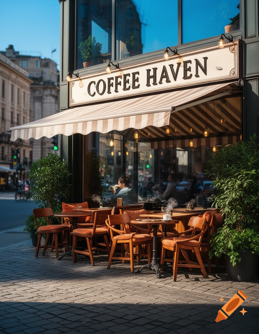 Photorealistic image of a 'Coffee Haven' cafe with outdoor seating and a striped awning on a sunny city street.
