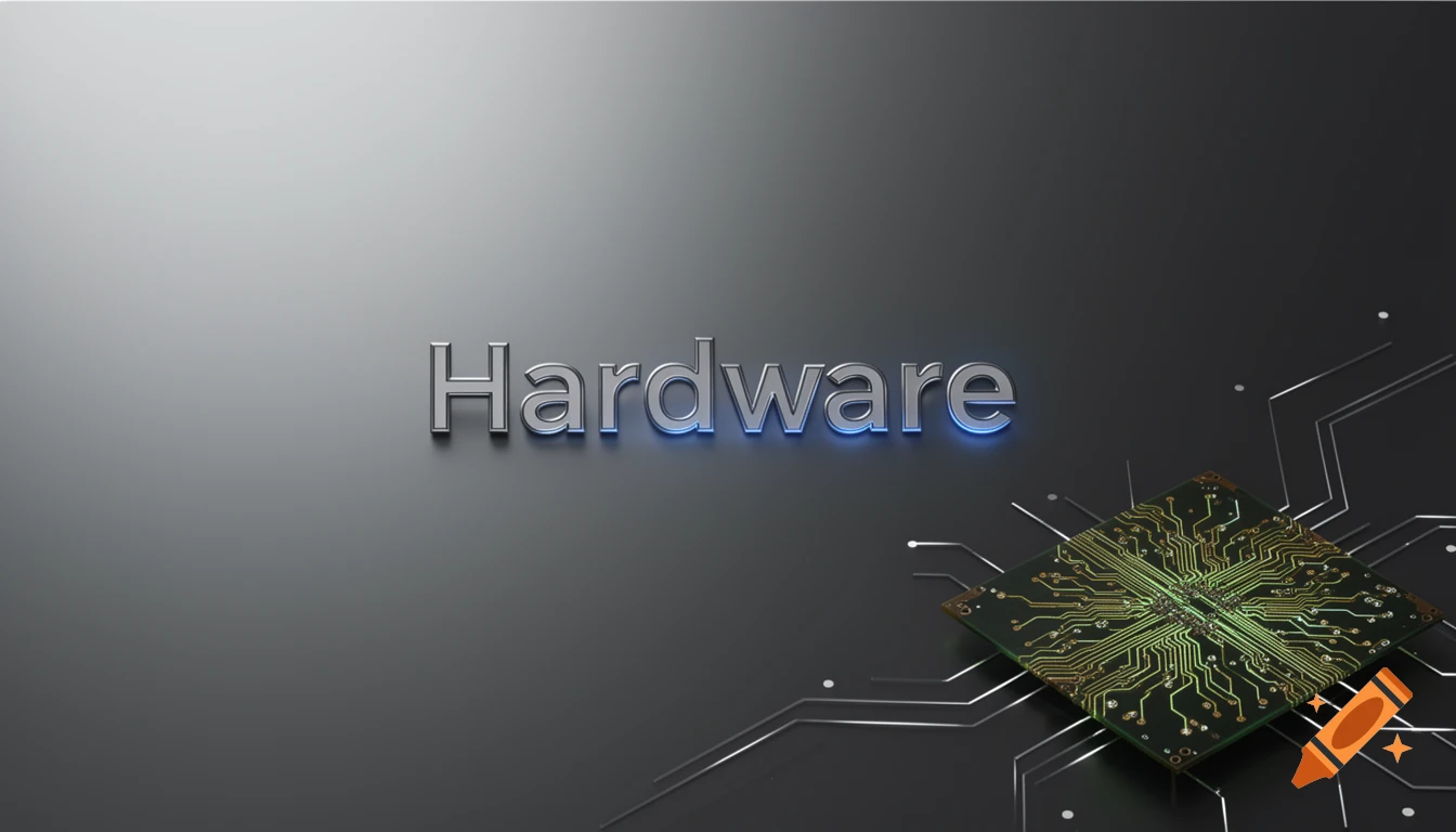 Metallic 3D text 'Hardware' with a blue glow on a dark grey background, next to a green circuit board with glowing lines.