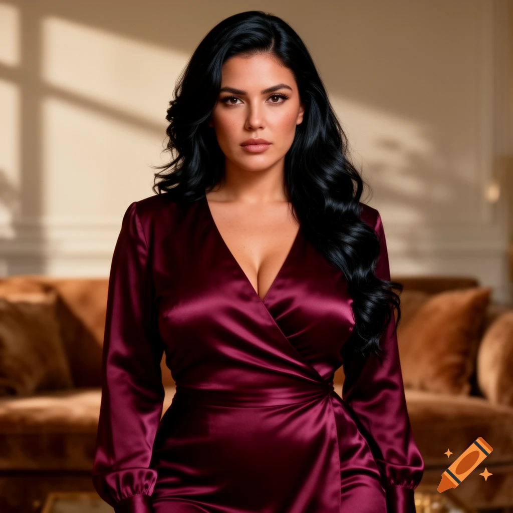 A dark-haired woman in a deep v-neck maroon satin wrap dress stands in a room with a brown sofa in the background.