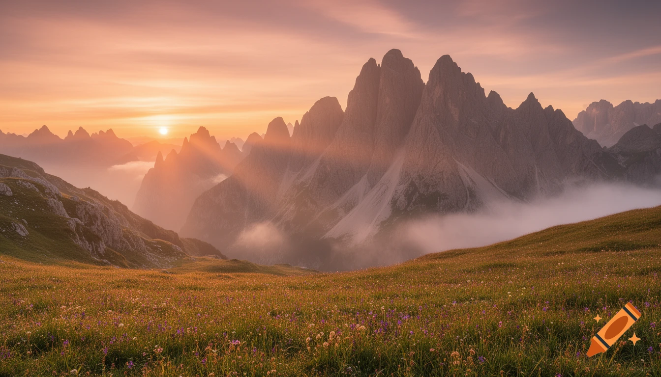 A stunning golden sunrise illuminates jagged mountains with a misty valley below and a vibrant wildflower meadow in the foreground.