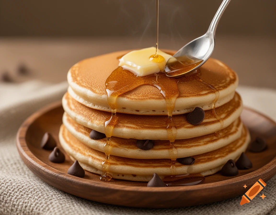Photorealistic stack of golden pancakes with melting butter, dripping syrup, and chocolate chips on a wooden plate.