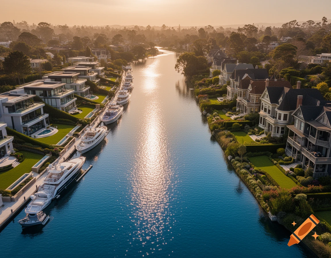 Aerial view of a sunny canal lined with wealthy waterfront homes and yachts, featuring modern and traditional architecture.
