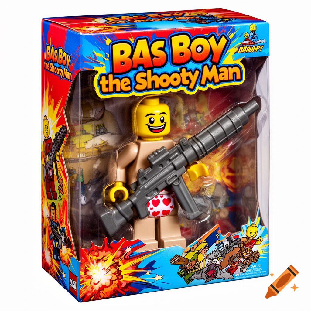 A colorful toy box featuring a smiling tan Lego-style action figure in heart underwear holding a large gray rifle, with 'BAS BOY the Shooty Man' text.