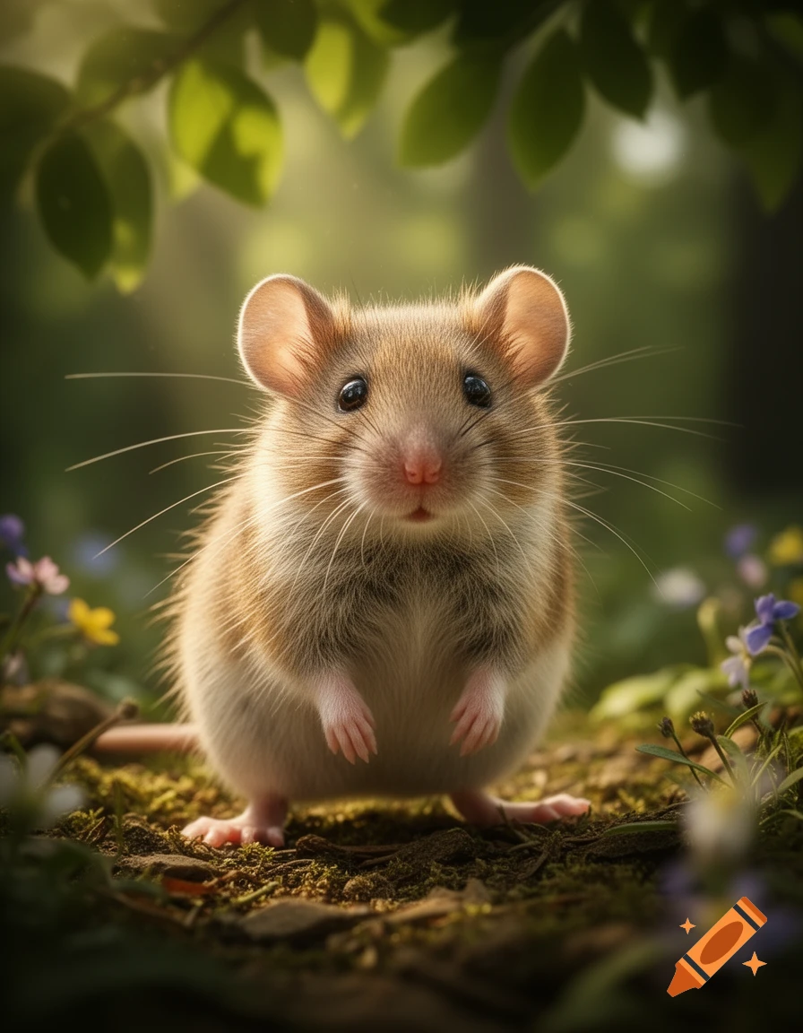 A fluffy, brown and white mouse with large ears and whiskers stands on mossy ground, looking forward. Green leaves and wildflowers blur in the background.