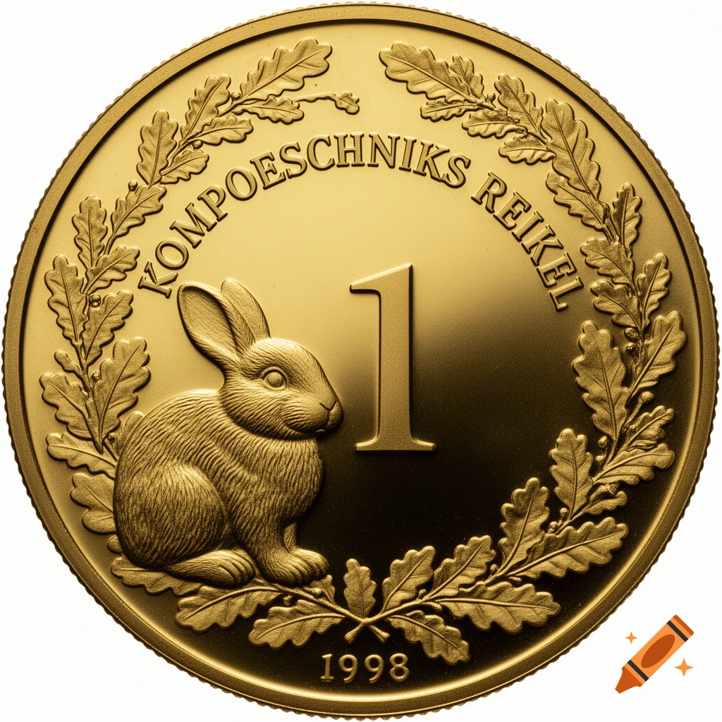 A detailed golden coin featuring a sitting rabbit, the number '1', the text 'KOMPOESCHNIKS REIKEL', and an oak leaf wreath.