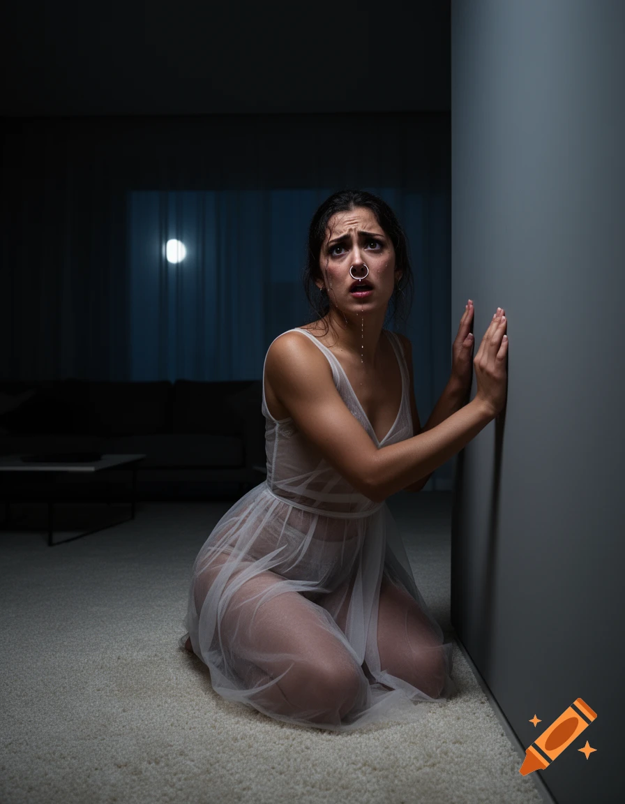 Frightened woman in a sheer white dress kneels on a rug, hands on wall, water dripping from face, in a dimly lit room.
