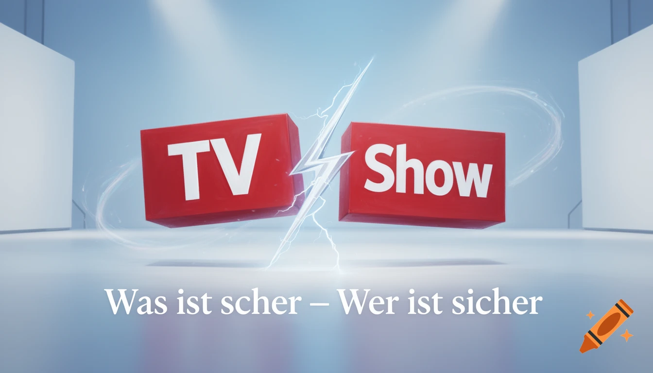 A graphic with two red boxes, 'TV' and 'Show', separated by a lightning bolt, above the text 'Was ist scher – Wer ist sicher' in a light blue studio setting.