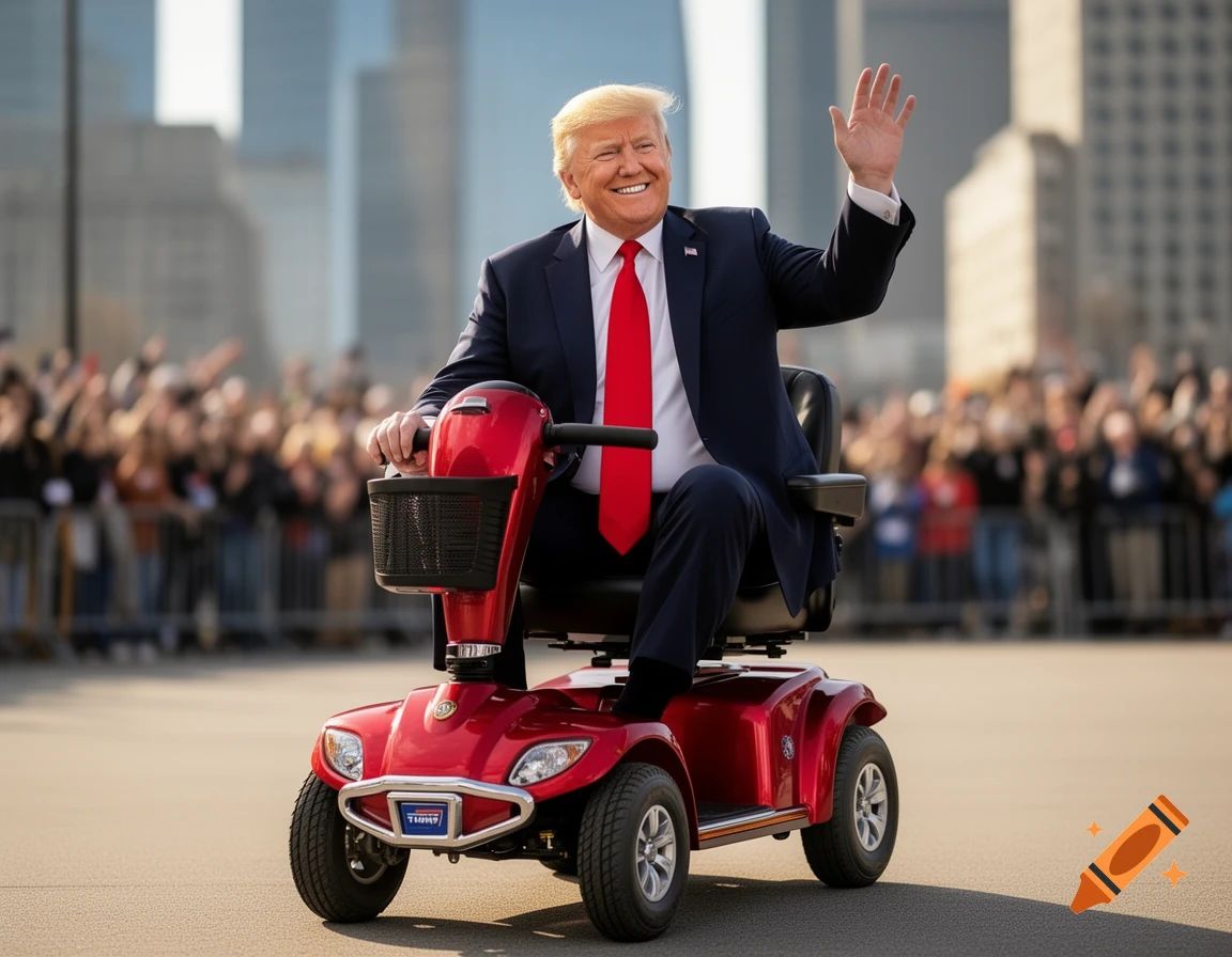 Donald Trump rides a red mobility scooter, wearing a suit and red tie, waving to a crowd in a city street.
